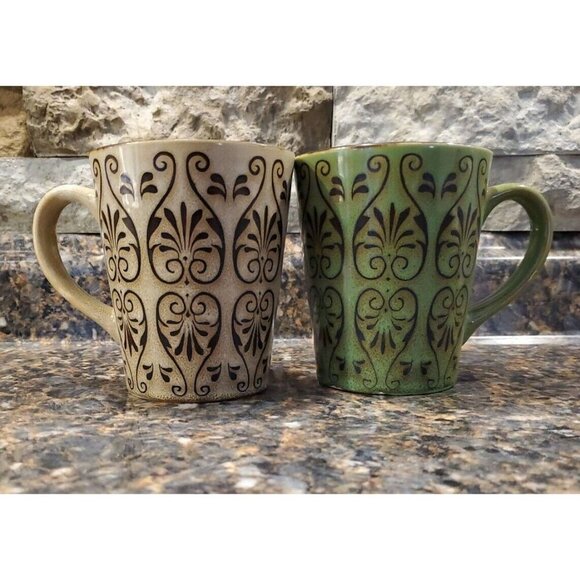 2 Beautiful Green & Tan designed Coffee Mug ,Tea Cup Hot Chocolate - Picture 1 of 7